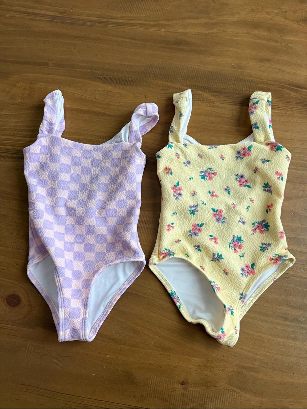 Old Navy Kids One-Piece Swimsuit Bundle- Lavender Check & Yellow Floral Patterns